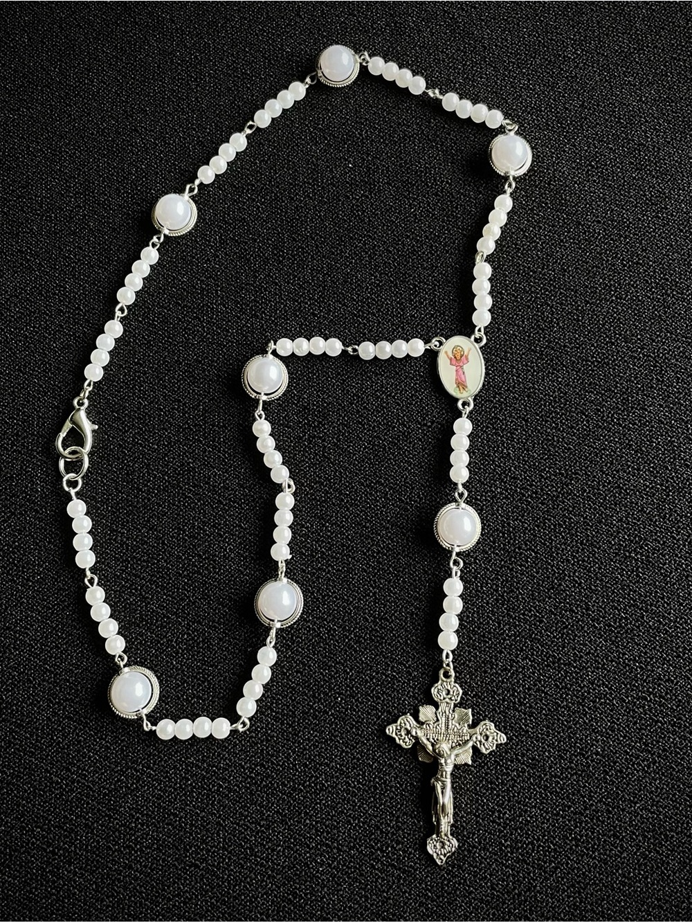 White Beaded Crucifix Rosary Necklace